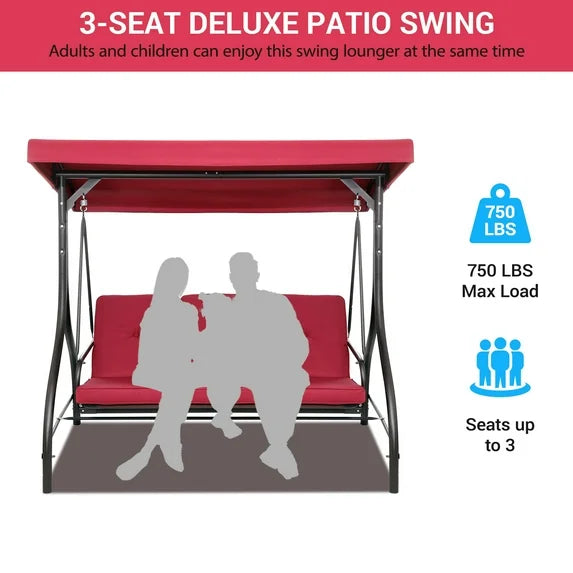 LAZY BUDDY 3-Seat Porch Swing with Adjustable Canopy, Outdoor Swing Chair Convertible Swing Bed with Removable Cushion for Yard Garden Balcony