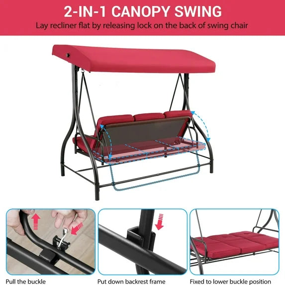 LAZY BUDDY 3-Seat Porch Swing with Adjustable Canopy, Outdoor Swing Chair Convertible Swing Bed with Removable Cushion for Yard Garden Balcony