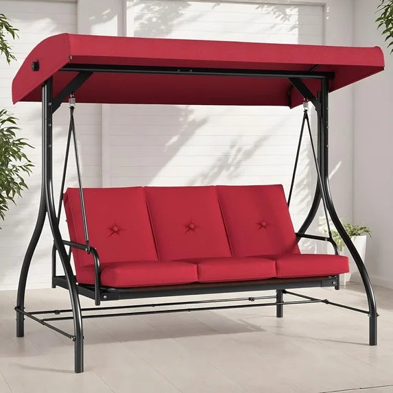 LAZY BUDDY 3-Seat Porch Swing with Adjustable Canopy, Outdoor Swing Chair Convertible Swing Bed with Removable Cushion for Yard Garden Balcony