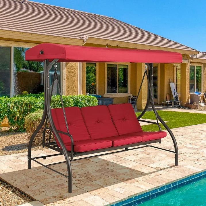 LAZY BUDDY 3-Seat Porch Swing with Adjustable Canopy, Outdoor Swing Chair Convertible Swing Bed with Removable Cushion for Yard Garden Balcony