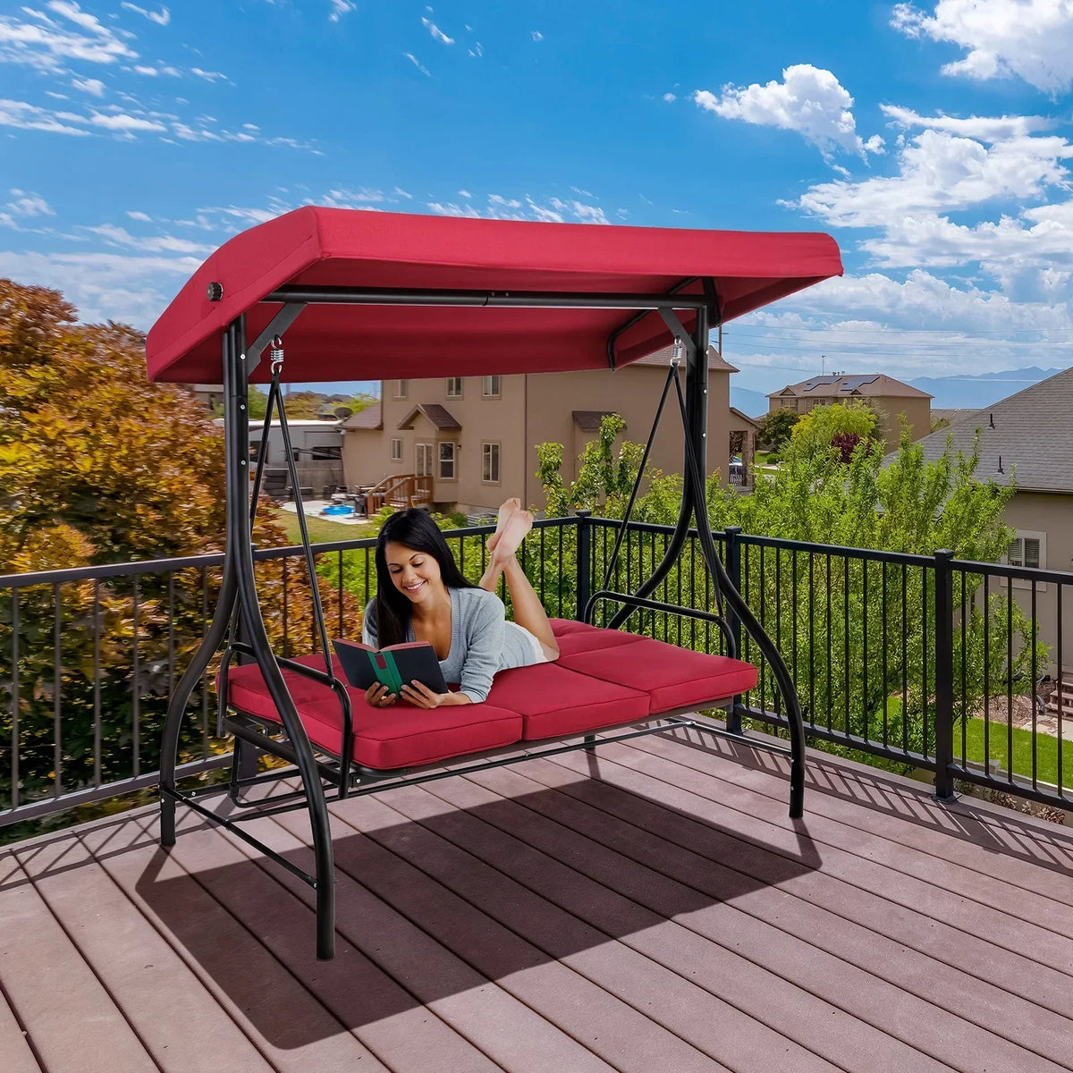 LAZY BUDDY 3-Seat Porch Swing with Adjustable Canopy, Outdoor Swing Chair Convertible Swing Bed with Removable Cushion for Yard Garden Balcony