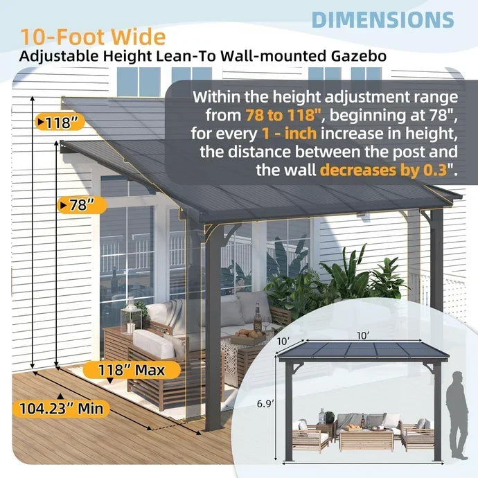 AECOJOY 10’x10′ Adjustable Height Wall Mounted Outdoor Gazebos Pergola