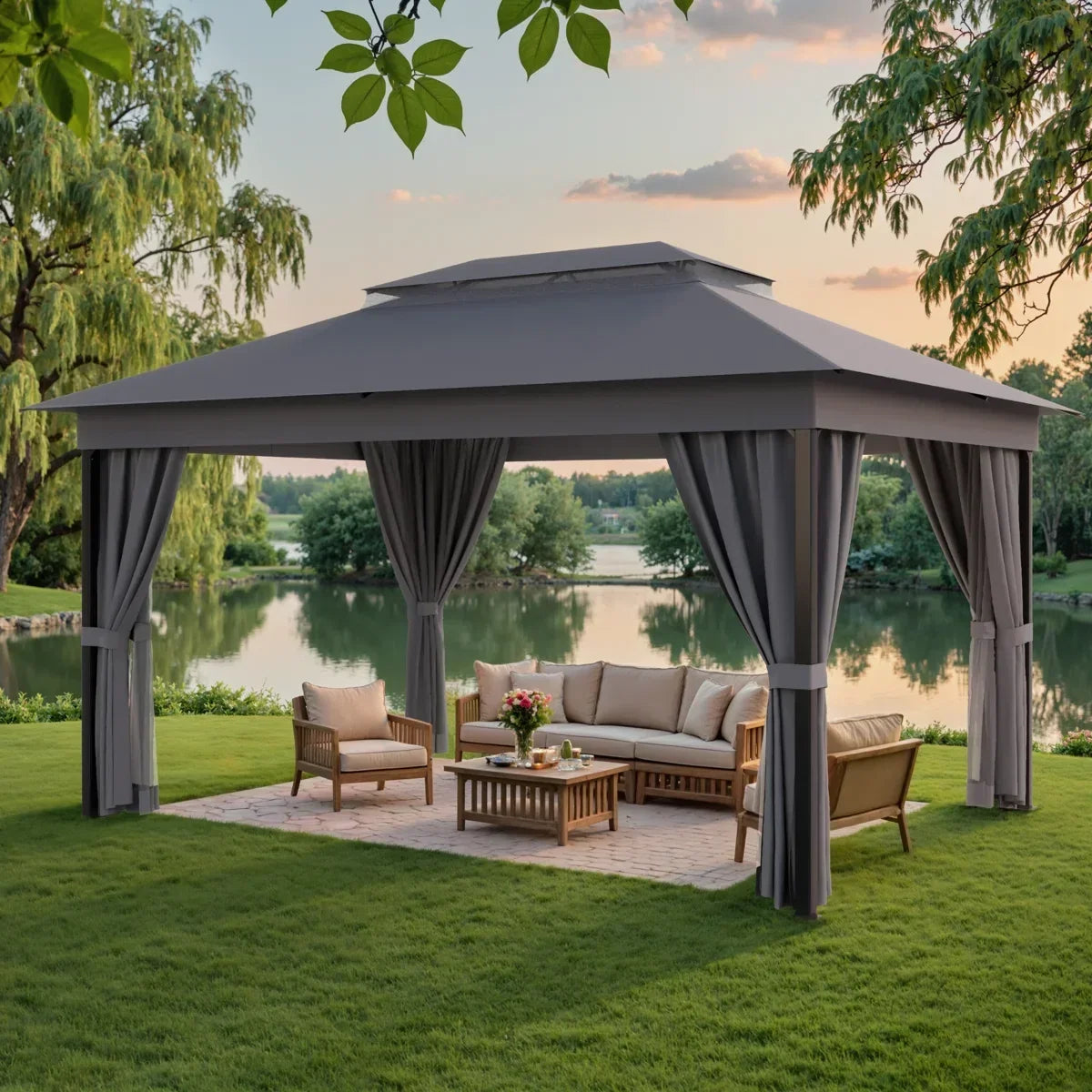 Furmax 13 Ft. W x 10 Ft. D Soft Top Steel Patio Gazebo with 2-Tier Canopy and Zippered Mesh Netting for Outdoor, Patio, Garden, and Backyard Activities