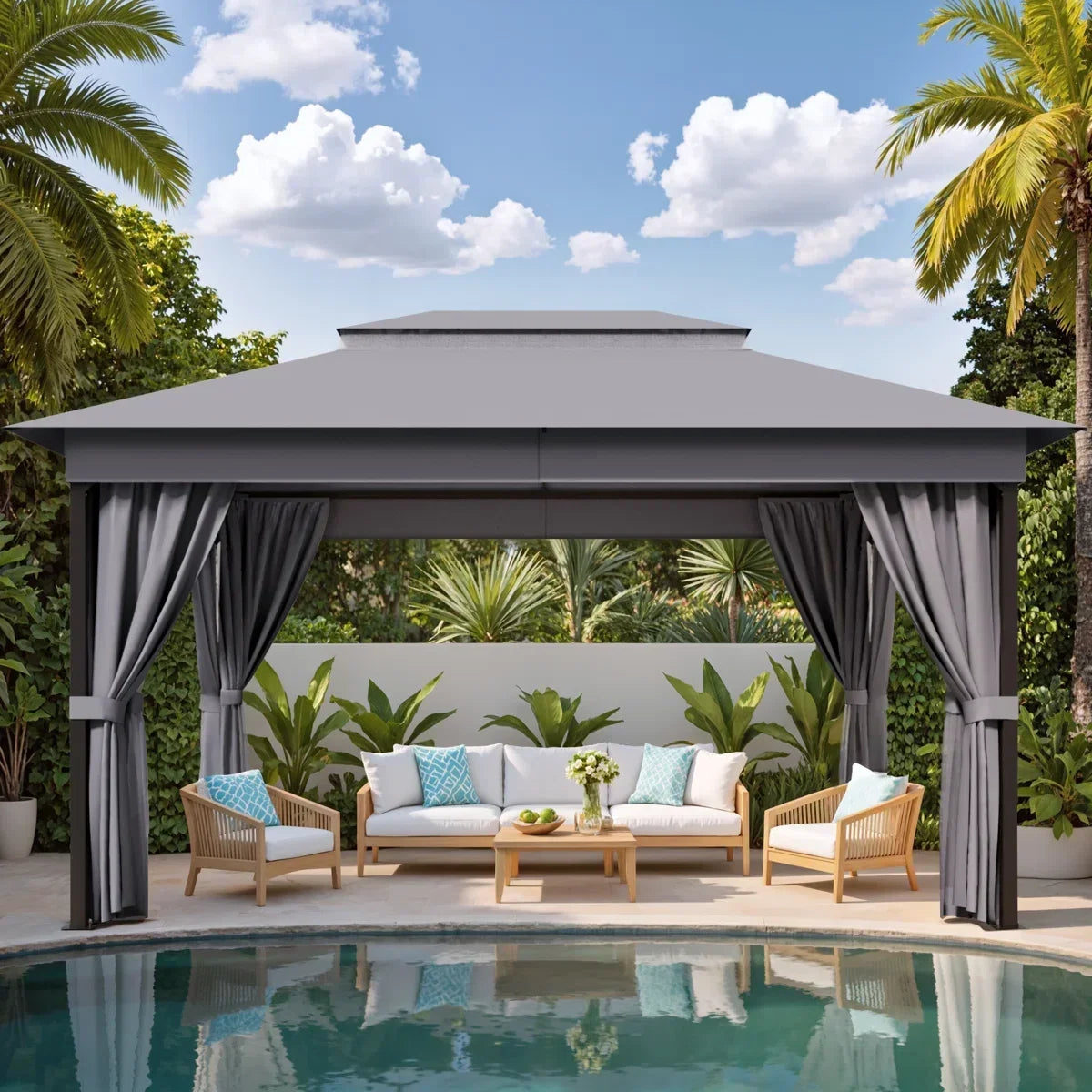 Furmax 13 Ft. W x 10 Ft. D Soft Top Steel Patio Gazebo with 2-Tier Canopy and Zippered Mesh Netting for Outdoor, Patio, Garden, and Backyard Activities