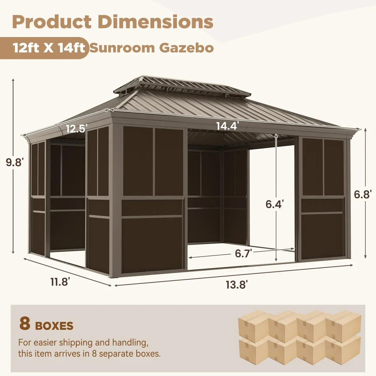 EROMMY 14 Ft. W X 12 Ft. D Outdoor Hardtop Gazebo, Double Top Galvanized Steel Roof Aluminum Sunroom