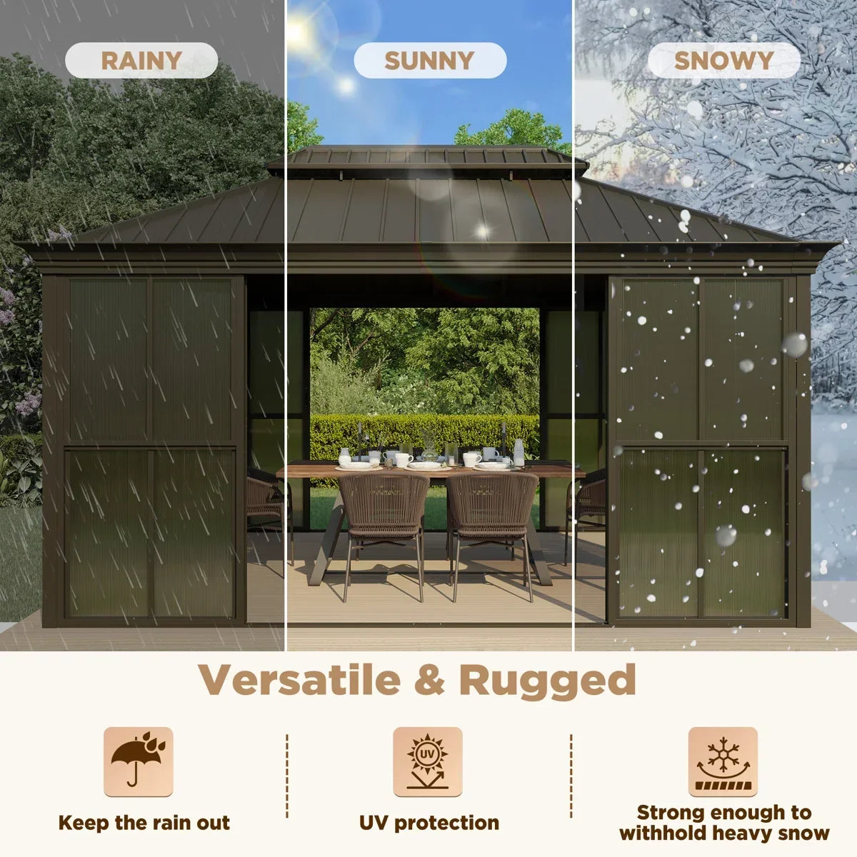 EROMMY 14 Ft. W X 12 Ft. D Outdoor Hardtop Gazebo, Double Top Galvanized Steel Roof Aluminum Sunroom