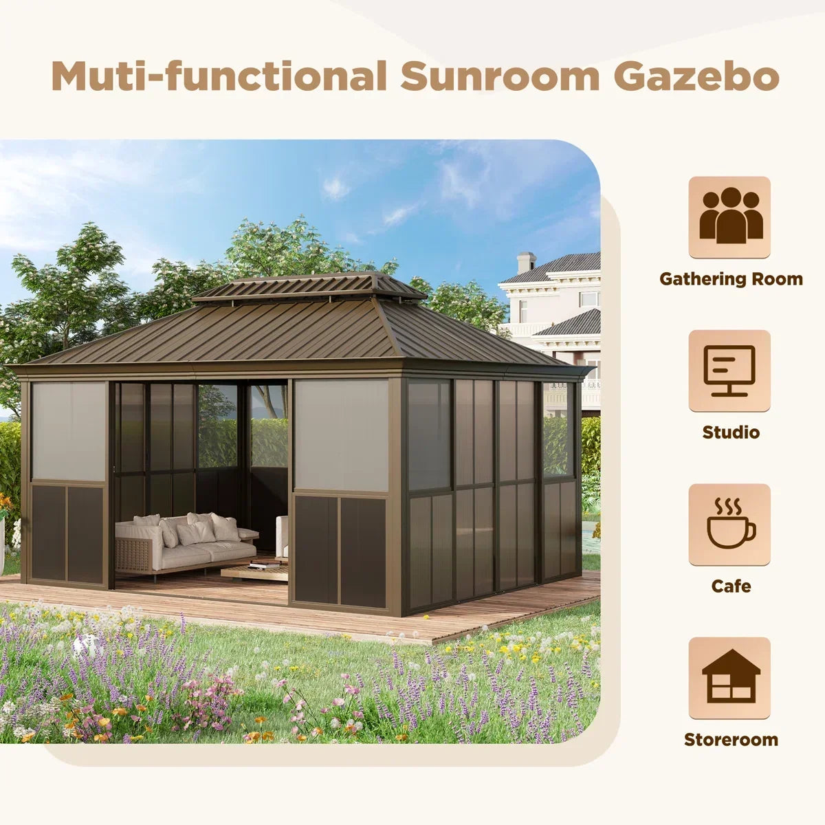 EROMMY 14 Ft. W X 12 Ft. D Outdoor Hardtop Gazebo, Double Top Galvanized Steel Roof Aluminum Sunroom