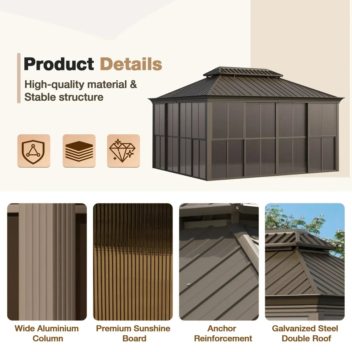 EROMMY 14 Ft. W X 12 Ft. D Outdoor Hardtop Gazebo, Double Top Galvanized Steel Roof Aluminum Sunroom