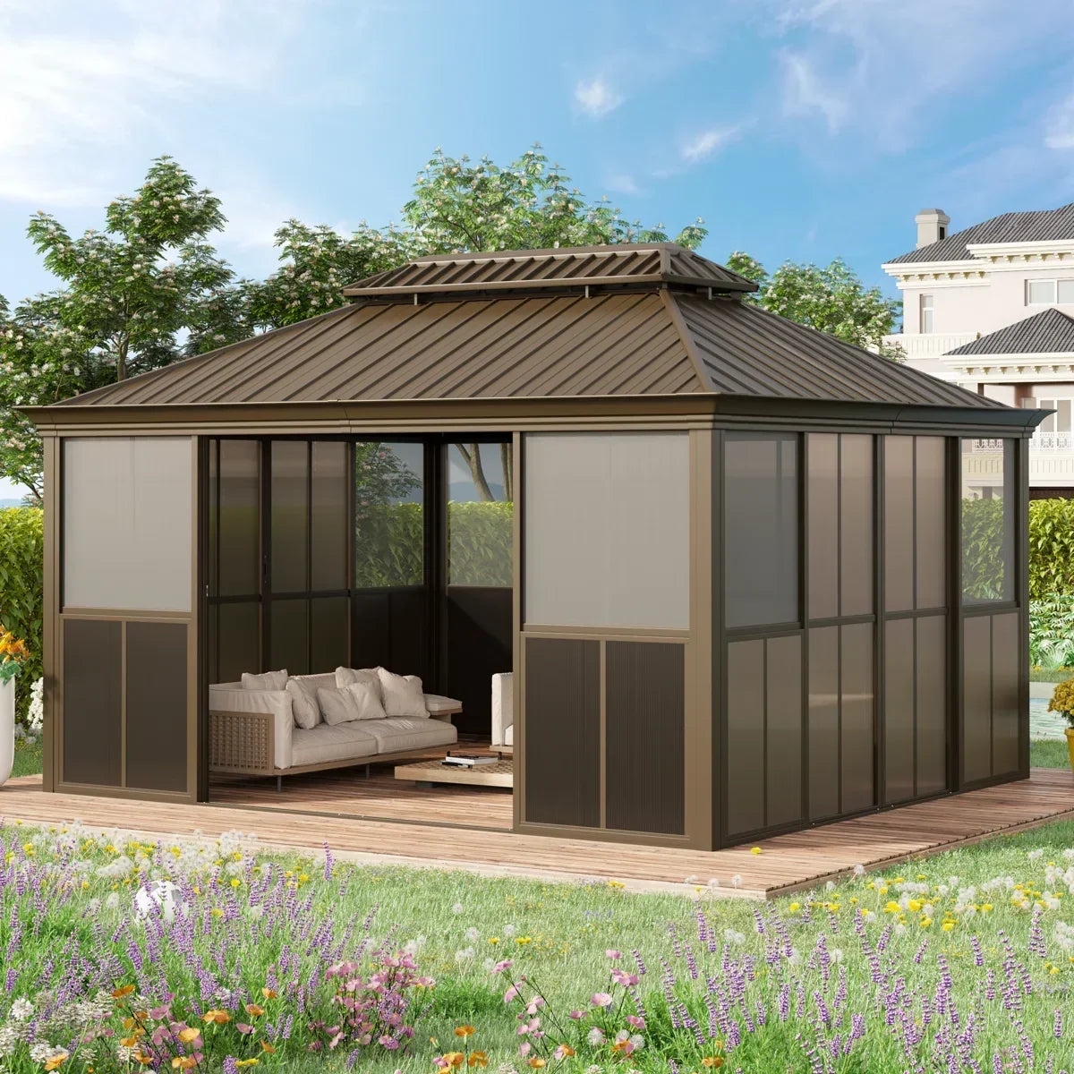 EROMMY 14 Ft. W X 12 Ft. D Outdoor Hardtop Gazebo, Double Top Galvanized Steel Roof Aluminum Sunroom