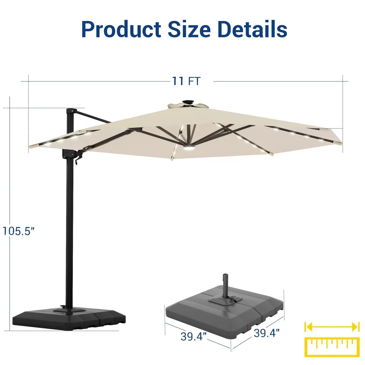 Latitude Run® 11′ Patio Cantilever Umbrella with Wind-Vent, 240g Solution-Dyed Fabric, Solar LED Lights and Weighted Base Included