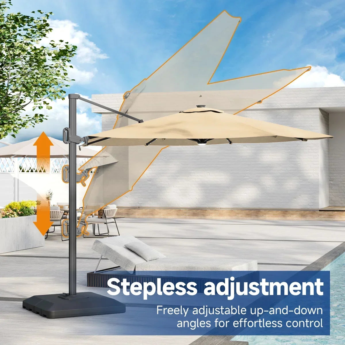 Latitude Run® 11′ Patio Cantilever Umbrella with Wind-Vent, 240g Solution-Dyed Fabric, Solar LED Lights and Weighted Base Included
