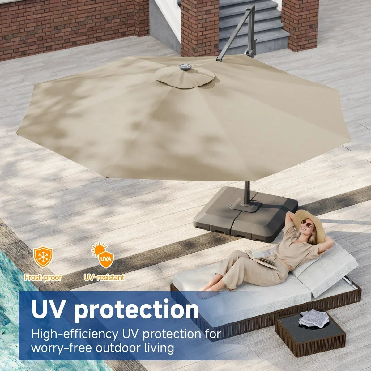 Latitude Run® 11′ Patio Cantilever Umbrella with Wind-Vent, 240g Solution-Dyed Fabric, Solar LED Lights and Weighted Base Included