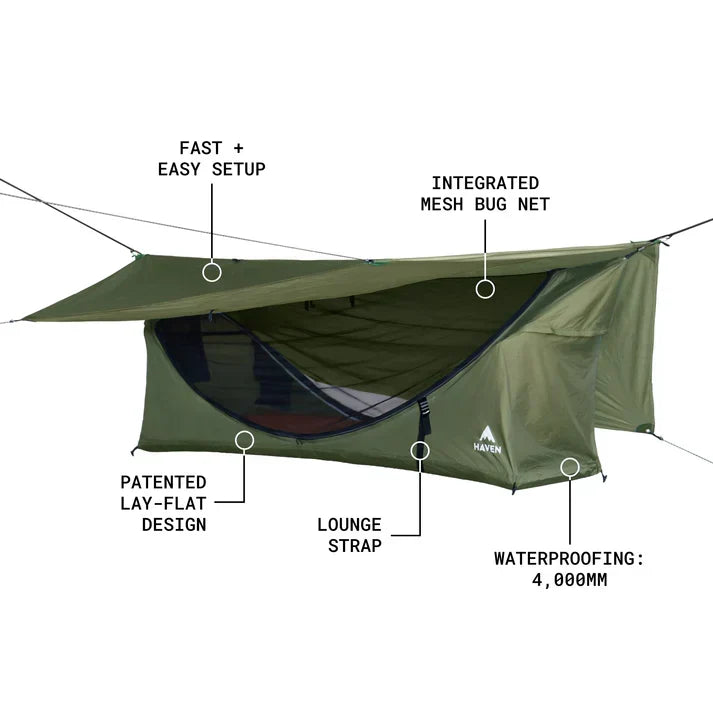 Haven Lay Flat Hammock Tent Waterproof Camping Hammock with Mosquito Net, Insulated Pad and Rainfly – Haven Tent, Haven XL, Haven Safari