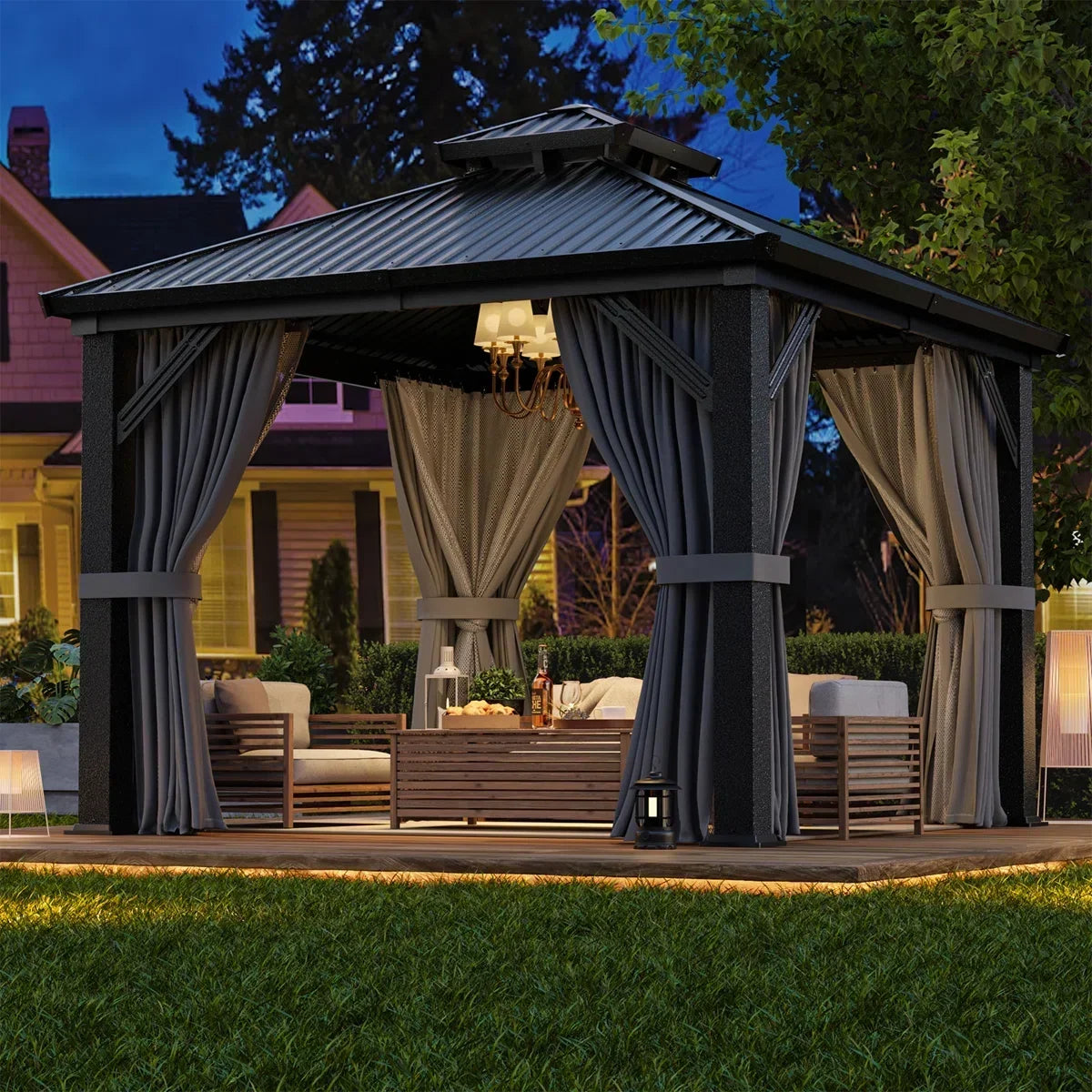 Polar Aurora 10 x 10 ft. Heavy-Duty Aluminum Frame Outdoor Gazebo with Double-Layer Galvanized Steel Roof, All-Weather Metal Gazebo Includes Curtains, Mesh Netting and Anchor Kit for Patio & Backyard
