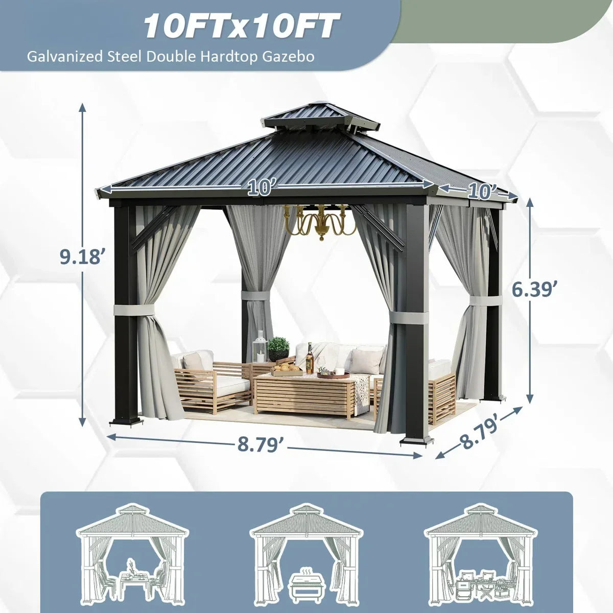 Polar Aurora 10 x 10 ft. Heavy-Duty Aluminum Frame Outdoor Gazebo with Double-Layer Galvanized Steel Roof, All-Weather Metal Gazebo Includes Curtains, Mesh Netting and Anchor Kit for Patio & Backyard