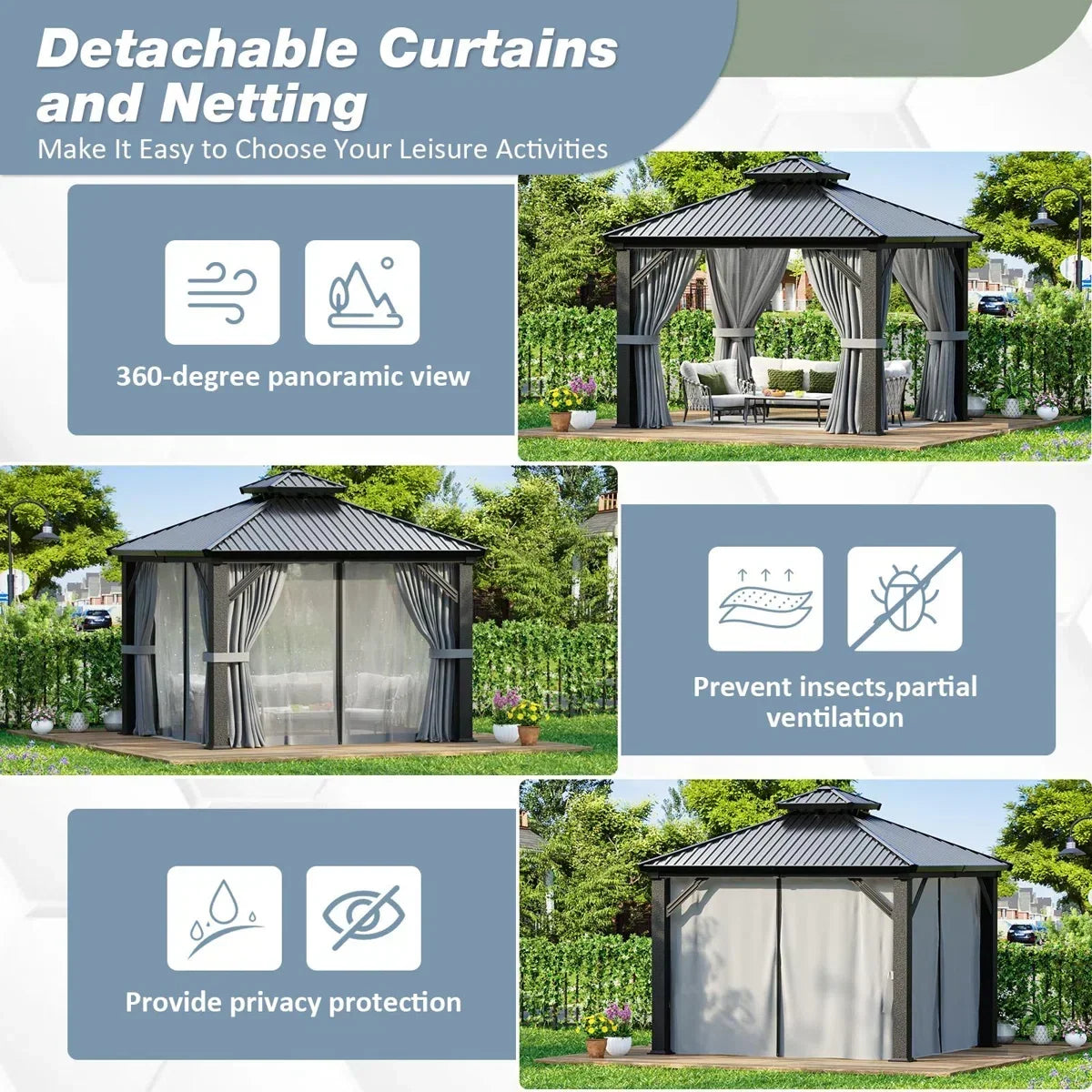 Polar Aurora 10 x 10 ft. Heavy-Duty Aluminum Frame Outdoor Gazebo with Double-Layer Galvanized Steel Roof, All-Weather Metal Gazebo Includes Curtains, Mesh Netting and Anchor Kit for Patio & Backyard