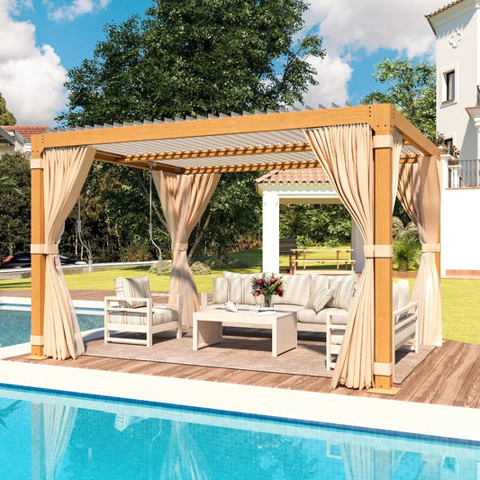EROMMY 10X12 Pergola with Adjustable Louvered Roof – Wood Grain