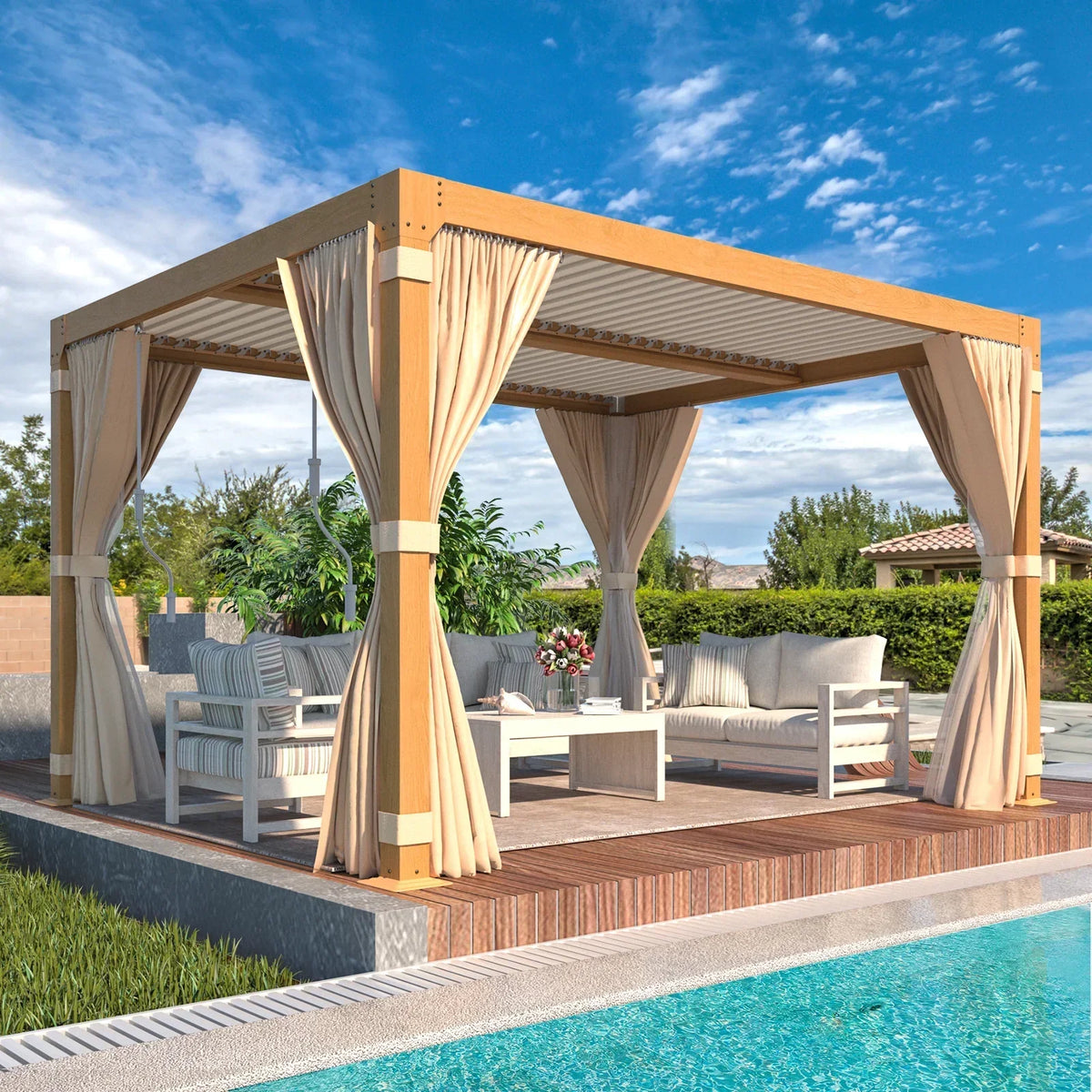 EROMMY 10X12 Pergola with Adjustable Louvered Roof – Wood Grain