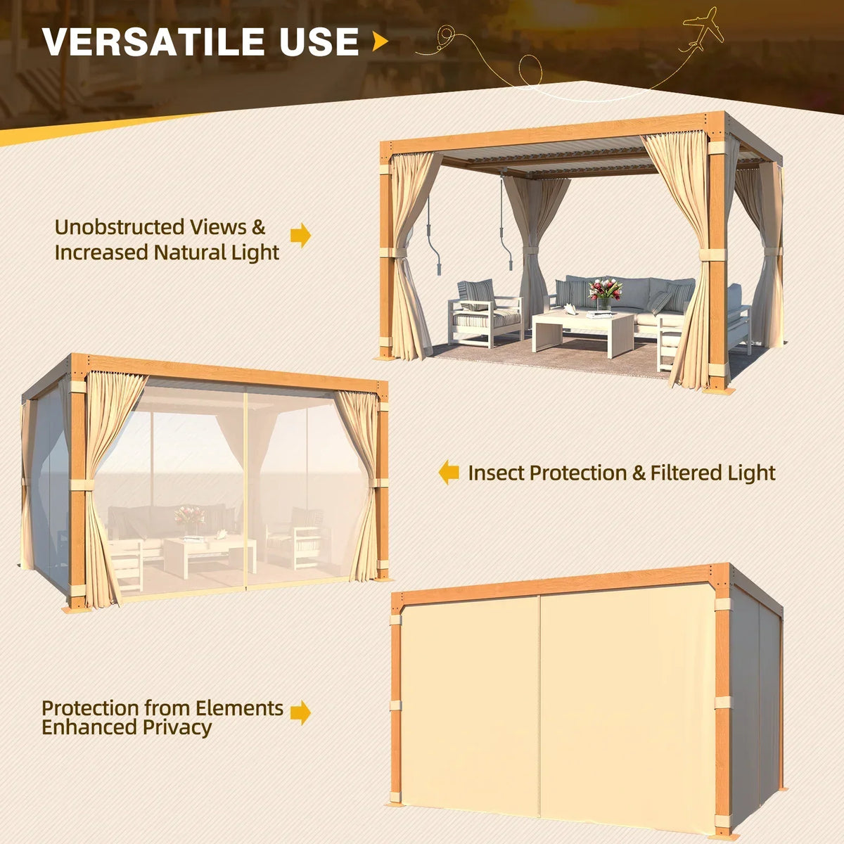 EROMMY 10X12 Pergola with Adjustable Louvered Roof – Wood Grain