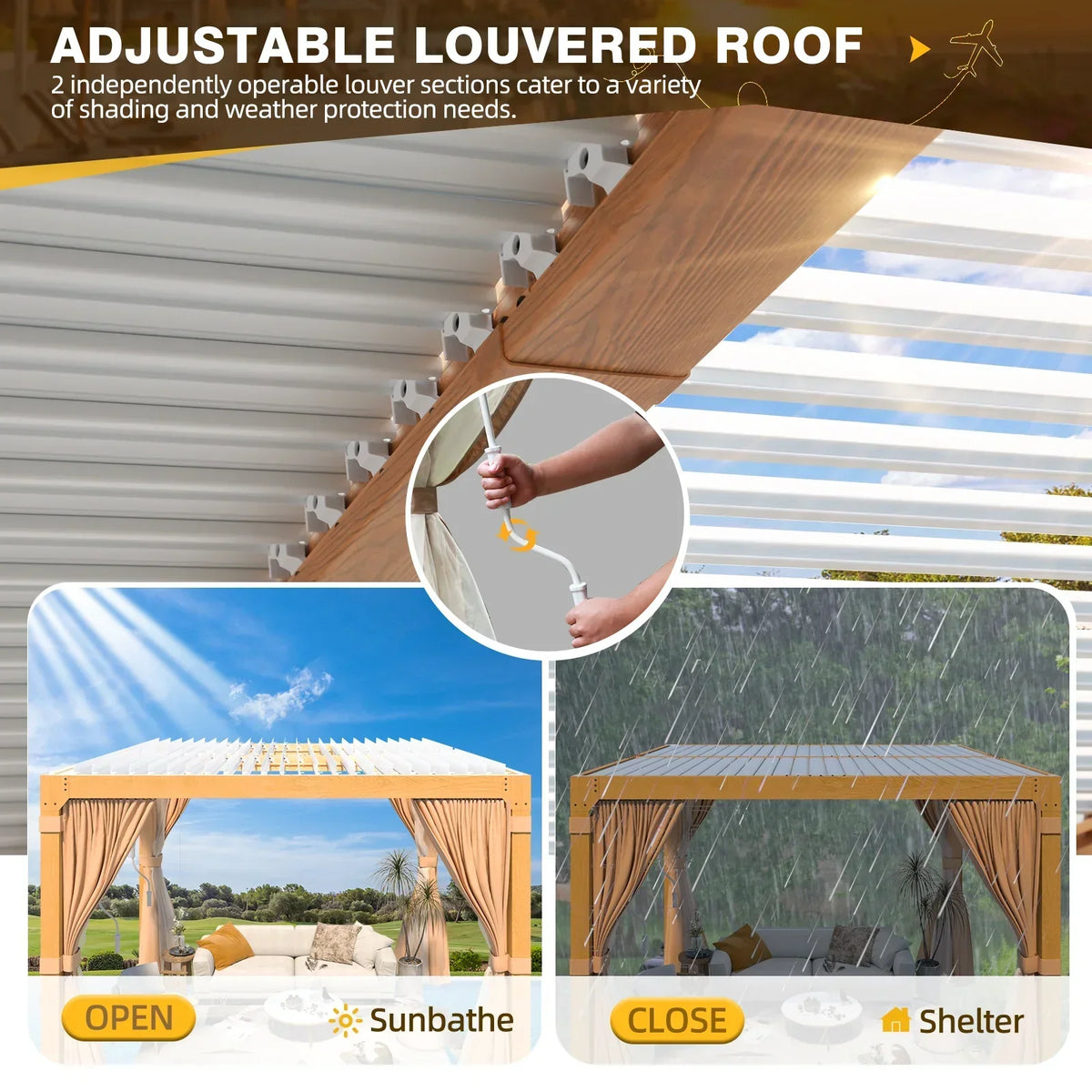 EROMMY 10X12 Pergola with Adjustable Louvered Roof – Wood Grain