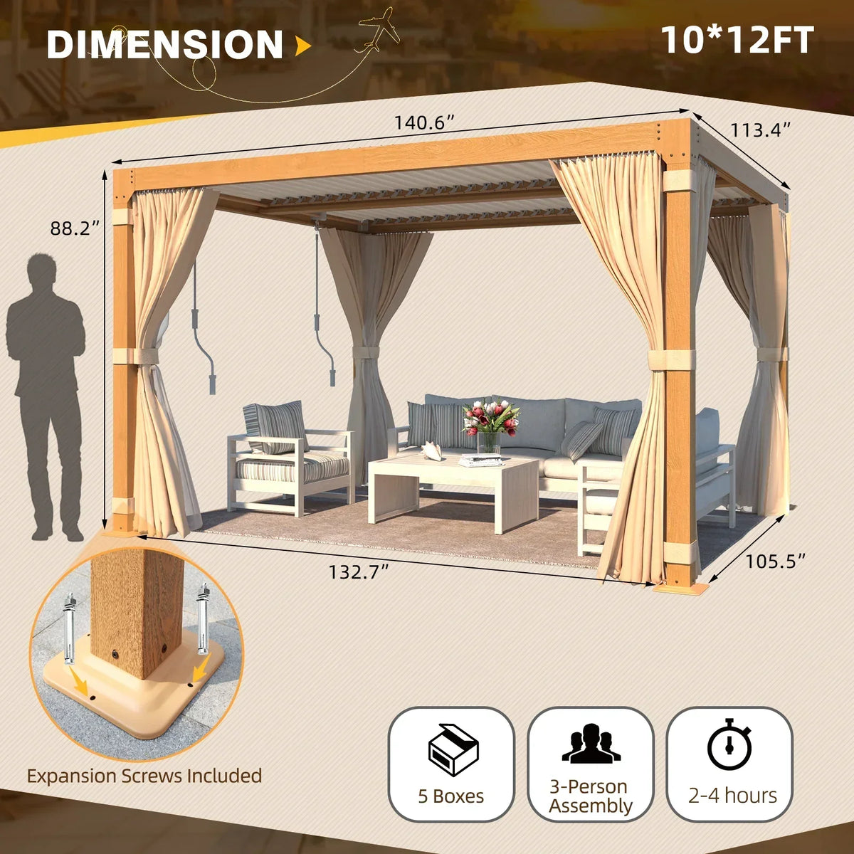 EROMMY 10X12 Pergola with Adjustable Louvered Roof – Wood Grain