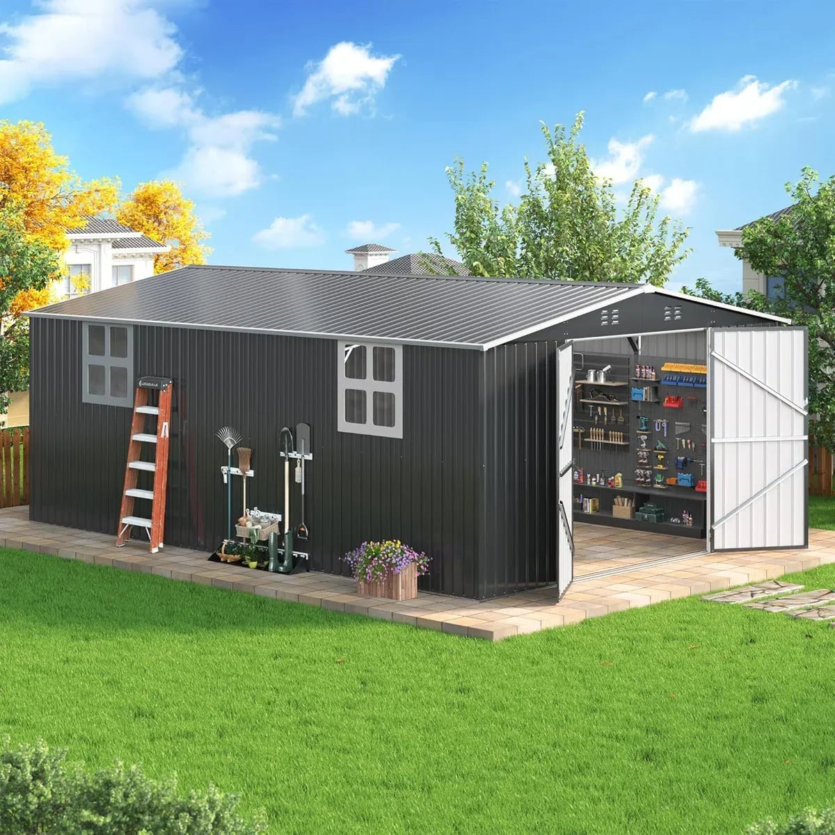 Polar Aurora 12 ft. W x 18 ft. D Large Outdoor Metal Shed, All-Steel Construction with Windows and Lockable Doors