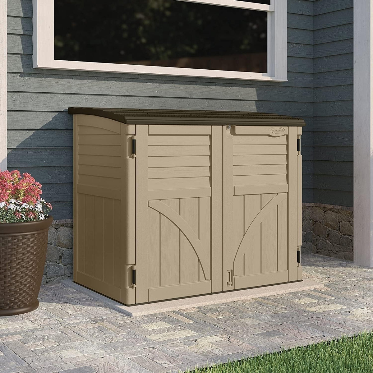 Suncast 34 Cu Ft Horizontal Resin Storage Shed – Outdoor Storage Shed with Floor Included, Lockable, Weatherproof, Fits Small