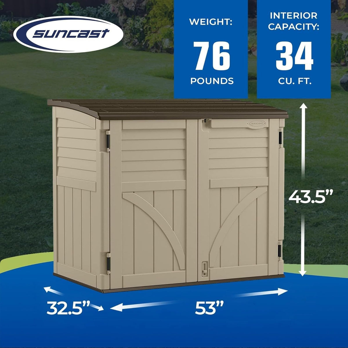 Suncast 34 Cu Ft Horizontal Resin Storage Shed – Outdoor Storage Shed with Floor Included, Lockable, Weatherproof, Fits Small