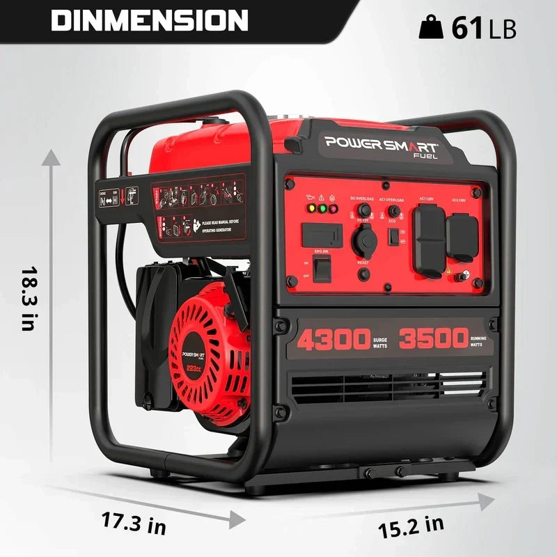 PowerSmart 4300-Watt Portable Generator with Inverter Technology, 3500W Rated, 223cc 4-Stroke Gas Powered Engine, 30 Amp for Home Backup, Camping, Emergency