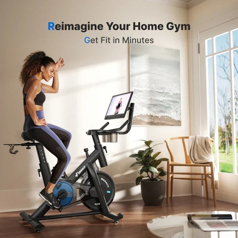 Merach S26 Aura Indoor Exercise Bike with 15.6″ Full HD Rotating Touchscreen, Phone Mirroring, 8 Resistance Levels, 8-Way Adjustable Seat