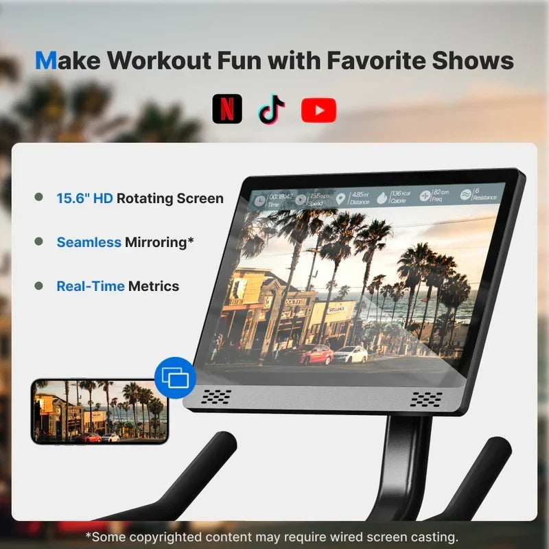 Merach S26 Aura Indoor Exercise Bike with 15.6″ Full HD Rotating Touchscreen, Phone Mirroring, 8 Resistance Levels, 8-Way Adjustable Seat