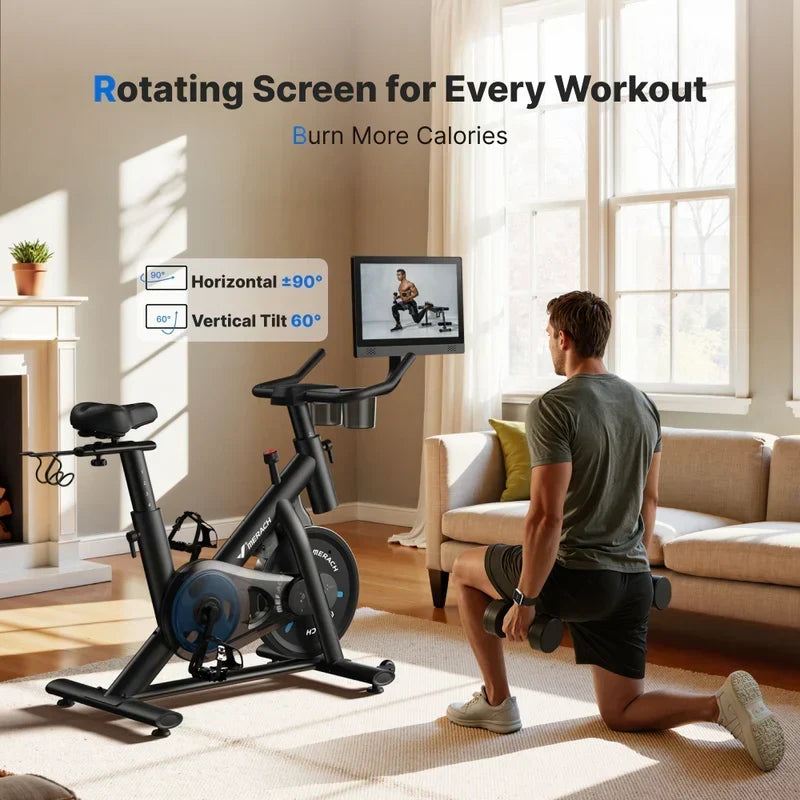 Merach S26 Aura Indoor Exercise Bike with 15.6″ Full HD Rotating Touchscreen, Phone Mirroring, 8 Resistance Levels, 8-Way Adjustable Seat