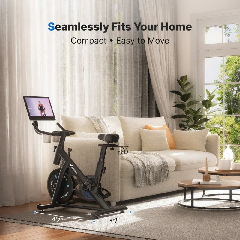 Merach S26 Aura Indoor Exercise Bike with 15.6″ Full HD Rotating Touchscreen, Phone Mirroring, 8 Resistance Levels, 8-Way Adjustable Seat