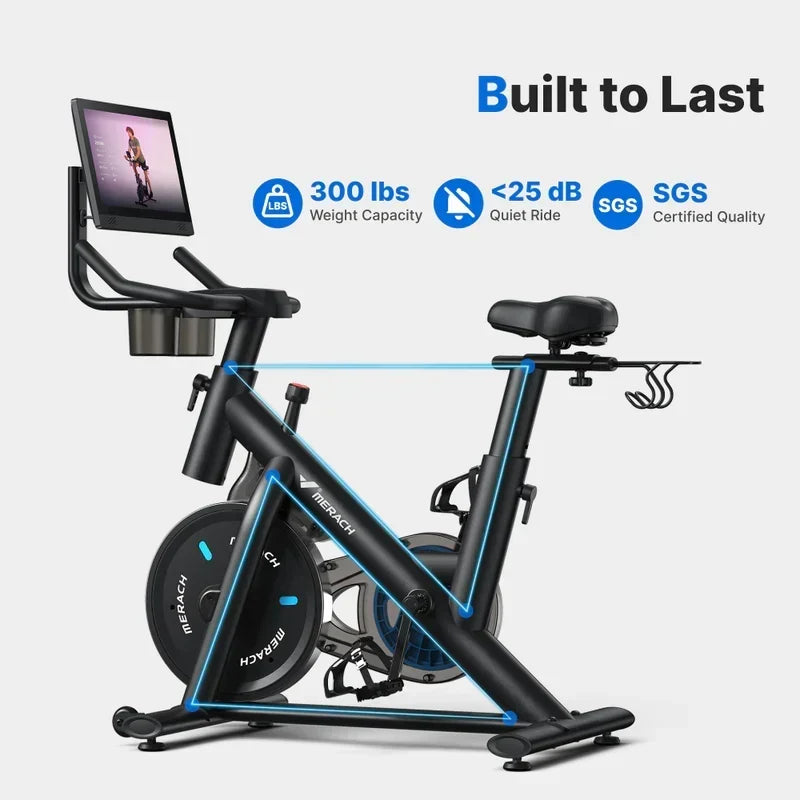Merach S26 Aura Indoor Exercise Bike with 15.6″ Full HD Rotating Touchscreen, Phone Mirroring, 8 Resistance Levels, 8-Way Adjustable Seat