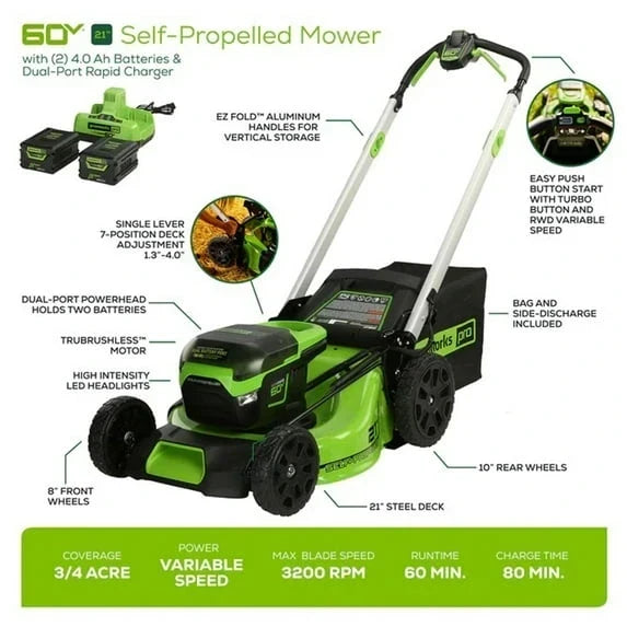 Greenworks 60V 21″ Brushless Self-Propelled Battery Powered Lawn Mower + (2) 4.0Ah Batteries & Dual Port Charger
