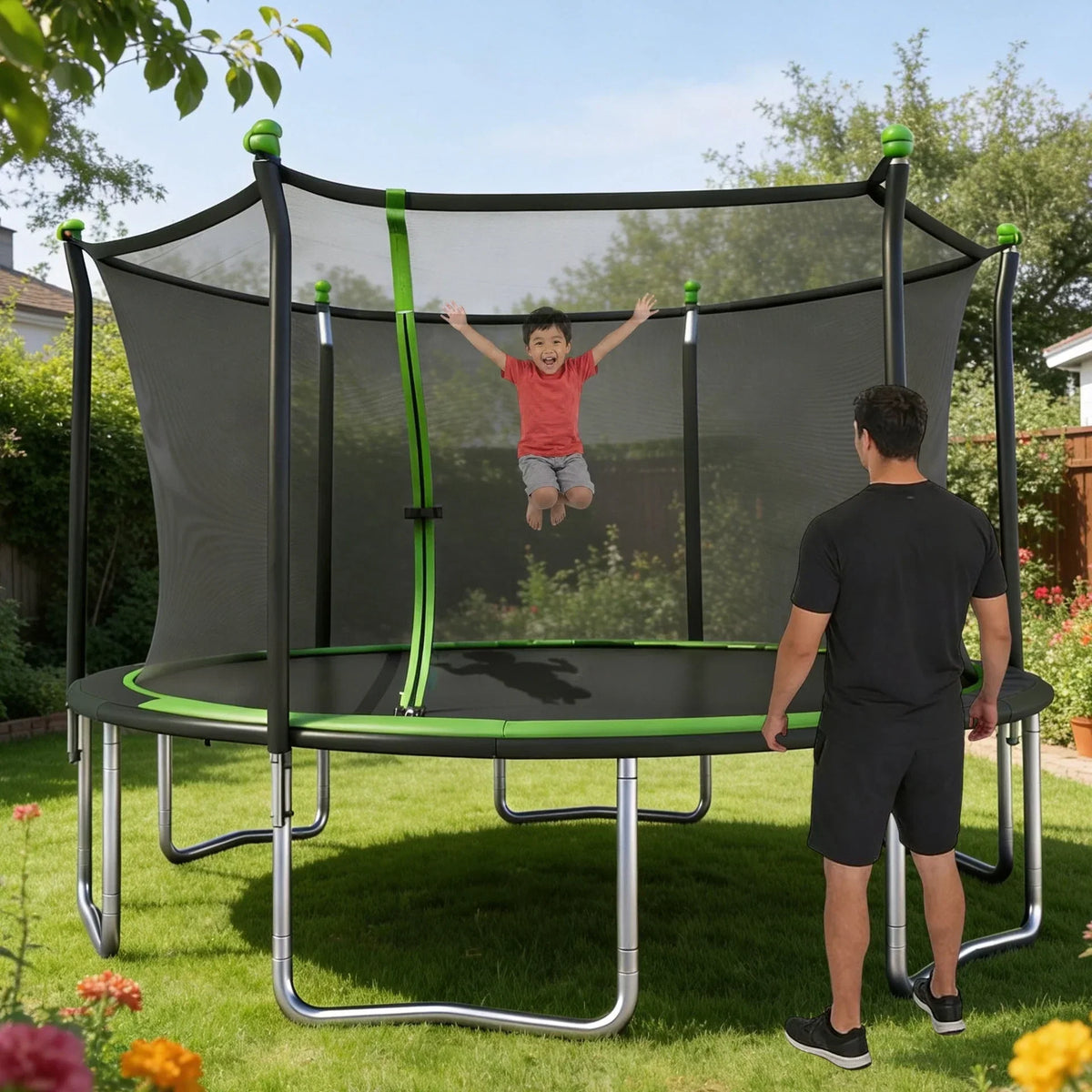Sportspower BouncePro 14ft Trampoline Meets ASTM Safety Standards, Heavy-Duty Rust-Resistant Steel Frame, UV-Resistant Jump Mat & Safety Net