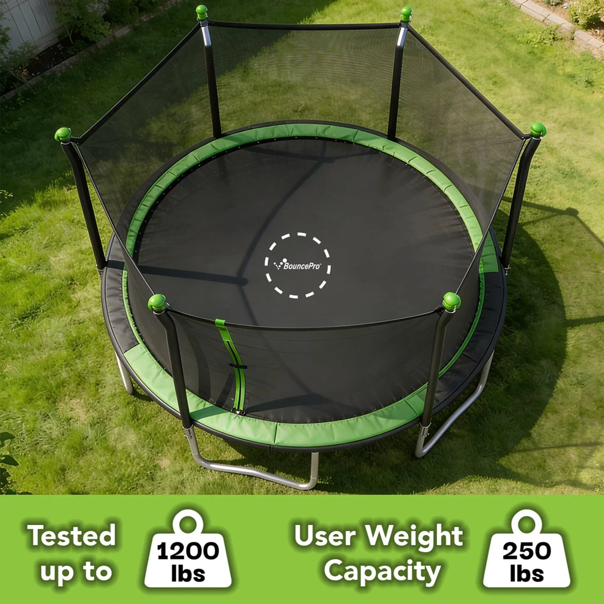 Sportspower BouncePro 14ft Trampoline Meets ASTM Safety Standards, Heavy-Duty Rust-Resistant Steel Frame, UV-Resistant Jump Mat & Safety Net