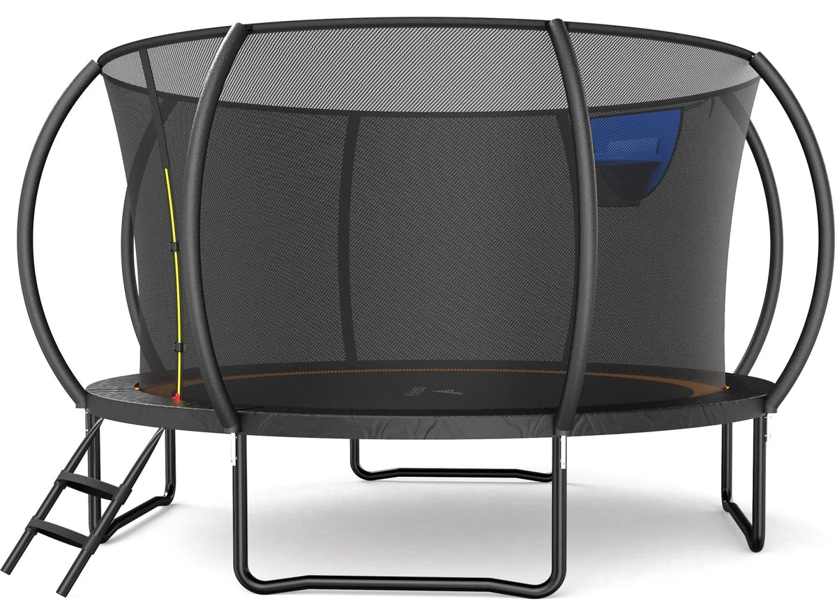 MERACH 14FT Pumpkin Outdoor Trampoline with Safety Enclosure Net, Basketball Hoop & Ladder, Heavy Duty Backyard Trampoline for Kids & Adults