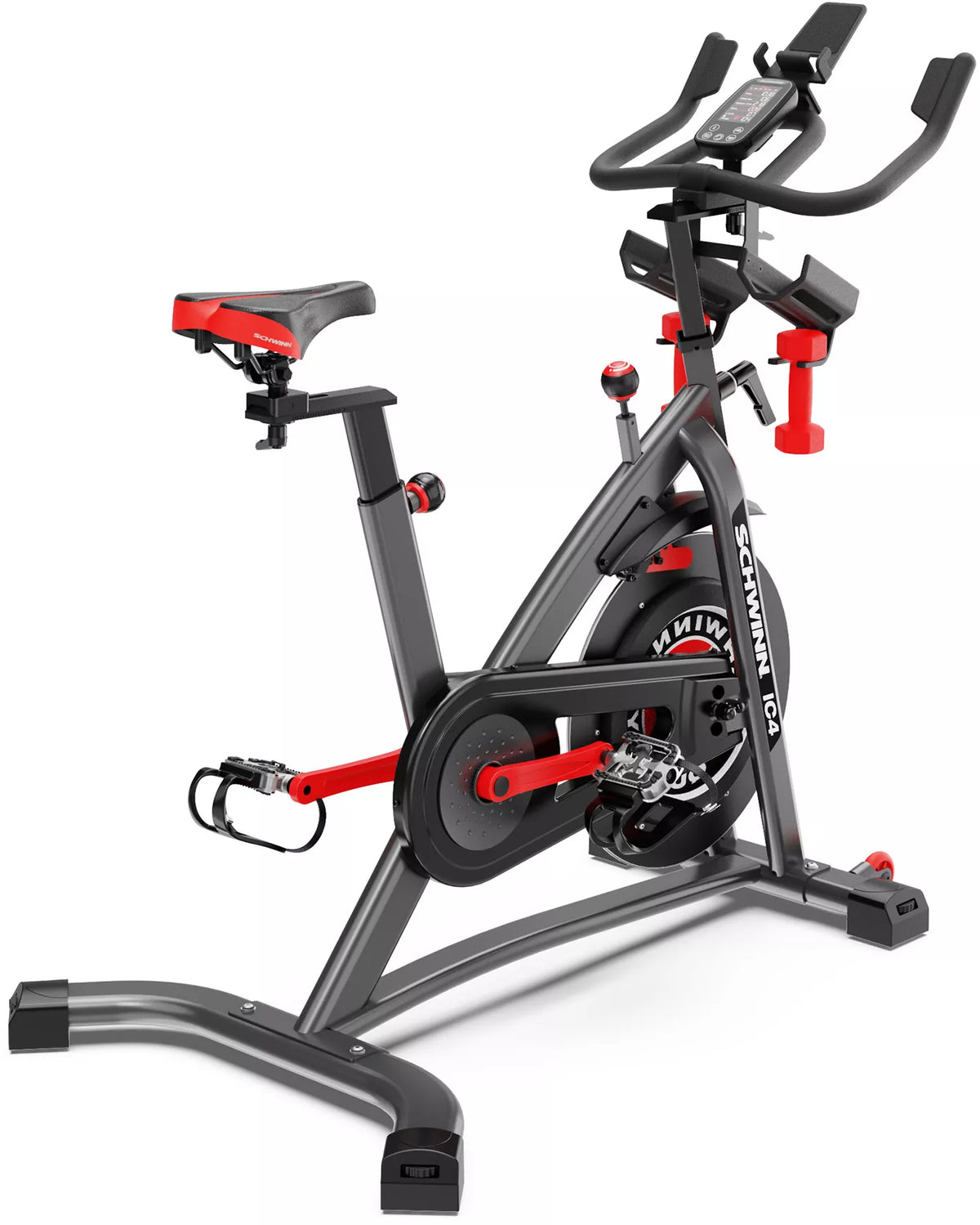 Schwinn IC4 Indoor Cycling Bike with 100 Resistance Levels, Bluetooth Heart Rate Armband, Dual-Sided SPD Pedals, Compatible with Peloton App, Zwift and JRNY, Backlit LCD Console, 4-Way Adjustable Handlebars, Includes 3 lb Dumbbells