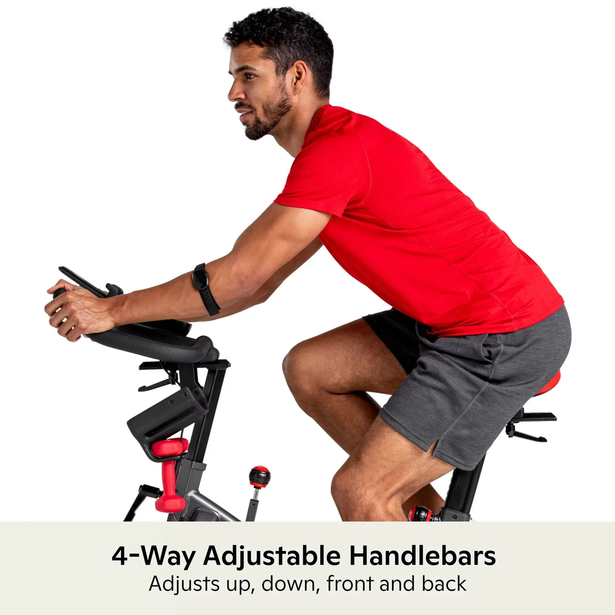 Schwinn IC4 Indoor Cycling Bike with 100 Resistance Levels, Bluetooth Heart Rate Armband, Dual-Sided SPD Pedals, Compatible with Peloton App, Zwift and JRNY, Backlit LCD Console, 4-Way Adjustable Handlebars, Includes 3 lb Dumbbells
