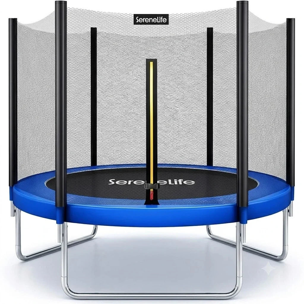SereneLife 8FT 10FT 12FT 14FT Outdoor Trampoline for Kids – Recreational Backyard Trampoline with Curved Safety Poles and Net Enclosure- ASTM Approval for Kids Adults