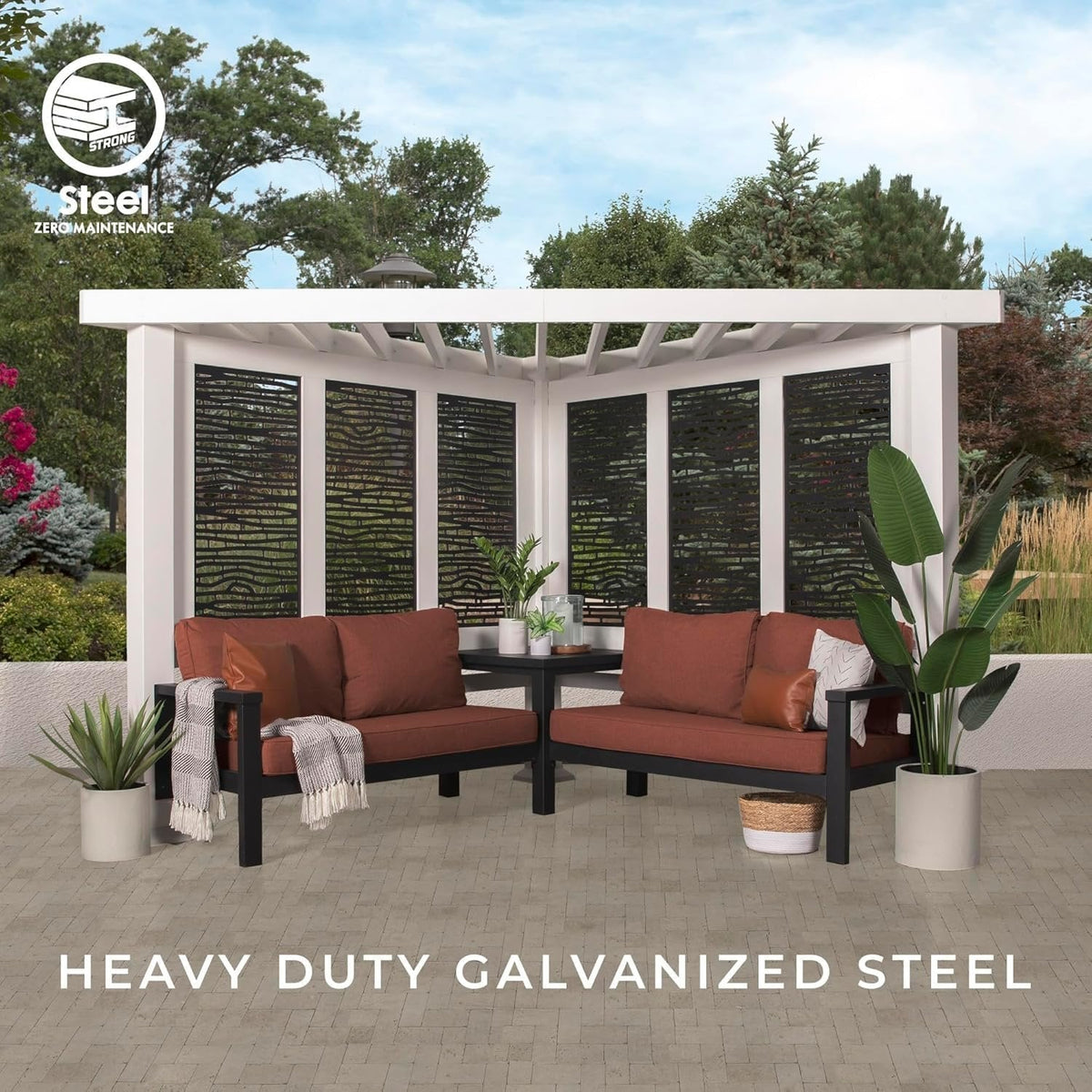 Ridgedale 8 Ft. X 8 Ft. White Steel Modern Cabana Pergola with Conversation Seating in Pumice