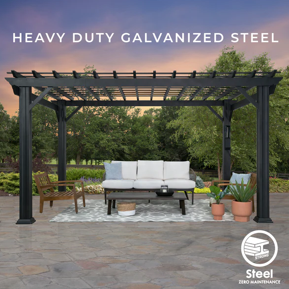 Stratford 12 Ft. X 10 Ft. Black Steel Traditional Pergola with Sail Shade Soft Canopy