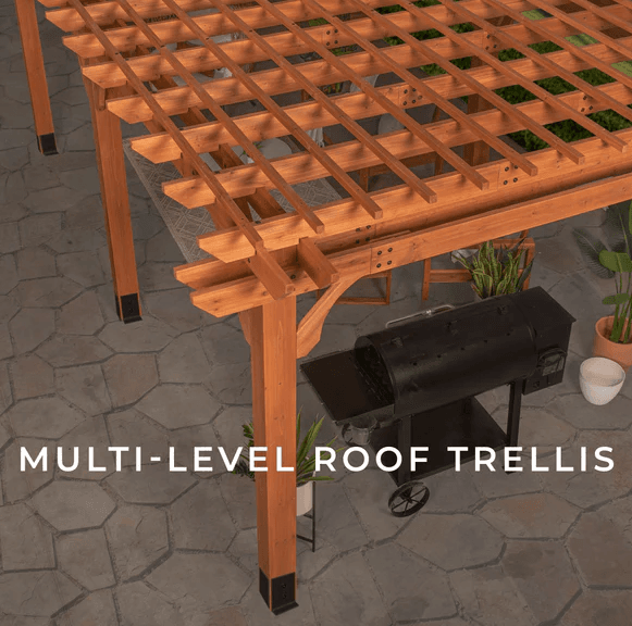 Beaumont 20 ft. x 12 ft. Light Brown Traditional Outdoor All Cedar Wood Patio Pergola Shade Structure with Electric