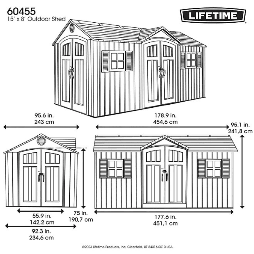 Lifetime 15′ x 8′ Dual Entry Outdoor Storage Shed, Gray