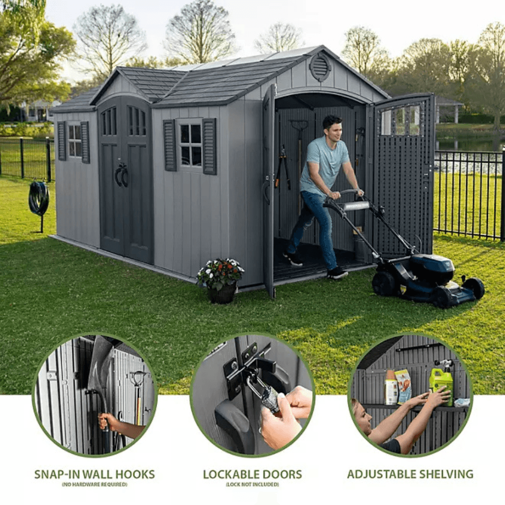 Lifetime 15′ x 8′ Dual Entry Outdoor Storage Shed, Gray