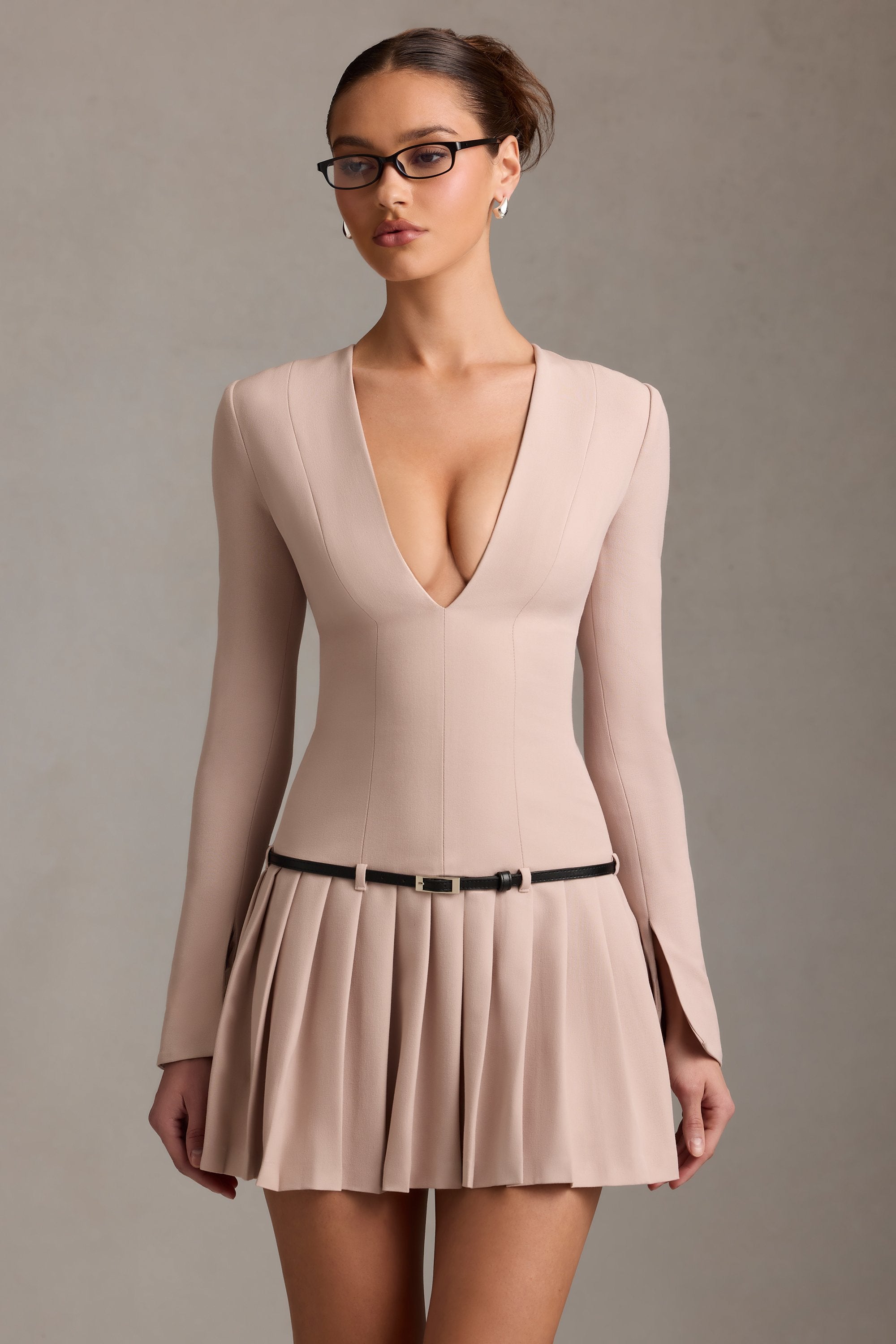 Long-Sleeve Pleated Mini Dress in Mushroom