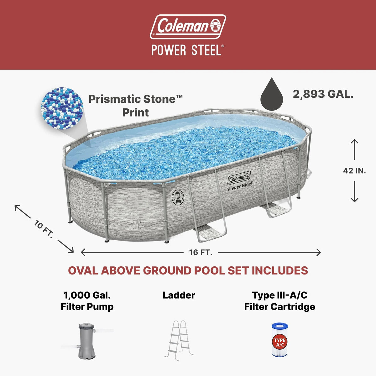 Coleman Power Steel 16 ft × 10 ft × 42 in Oval Above Ground Pool Set