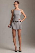 Belted Backless Pleated Mini Dress in Grey