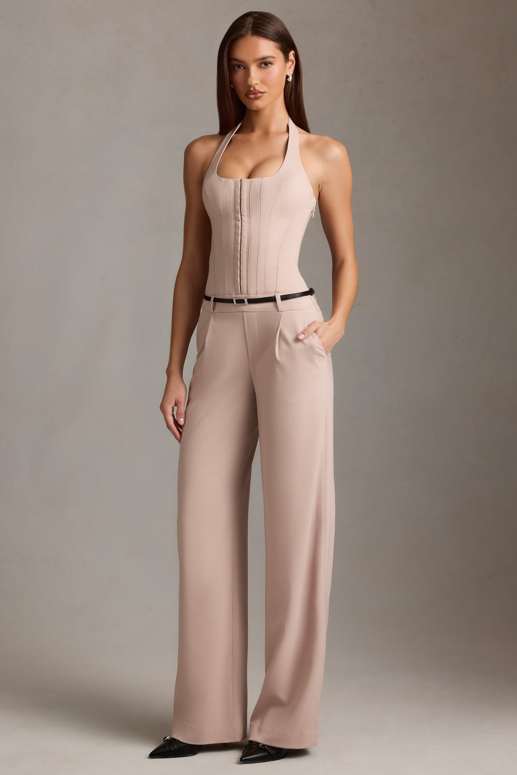 Corset-Detail Halterneck Jumpsuit in Mushroom